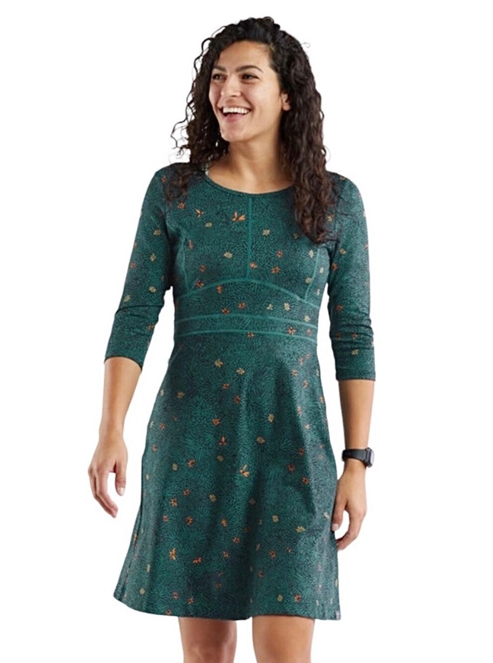 Title Nine Buttah Dream 3/4 Sleeve Dress Teal Floral Small Athletic Outdoors